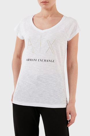 Armani Exchange - Armani Exchange % 100 Pamuk Regular Fit V Yaka Bayan T Shirt 3RYTFF YJ2XZ 1000 BEYAZ