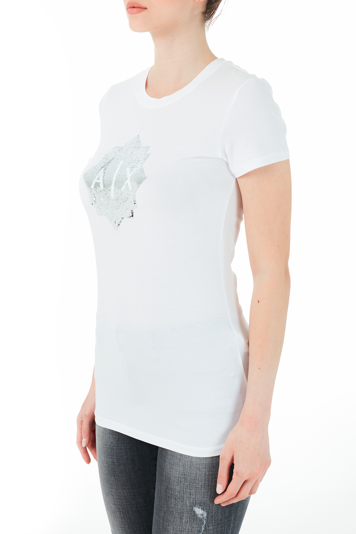 Armani Exchange Pamuklu Payet Detaylı Slim Fit Bayan T Shirt 3KYTRB YJC7Z 1000 BEYAZ