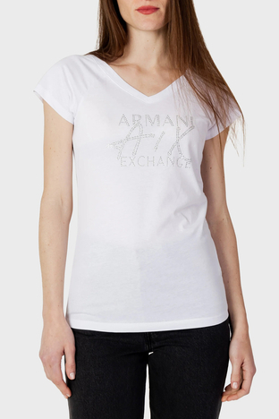 Armani Exchange - Armani Exchange Pamuklu Regular Fit V Yaka Bayan T Shirt 3RYTBX YJG3Z 1000 BEYAZ