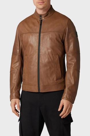 Boss - Boss Dik Yaka Fermuarlı Cepli Regular Fit Erkek Deri Ceket 50482227 217 KAHVE