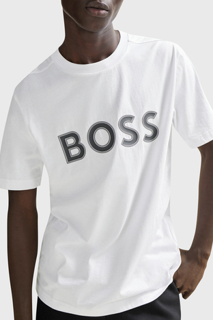 Boss - Boss Logo Baskılı Bisiklet Yaka Regular Fit Pamuklu Jarse Erkek T Shirt 50506344 100 BEYAZ (1)