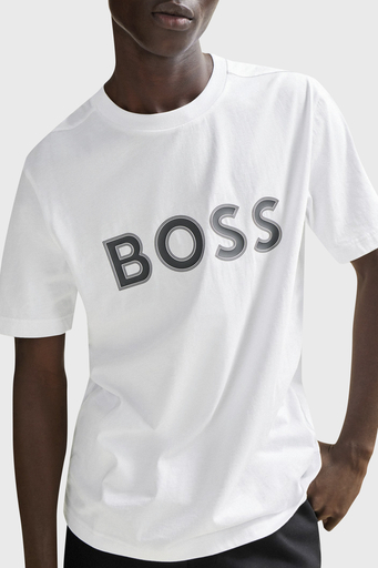 Boss Logo Baskılı Bisiklet Yaka Regular Fit Pamuklu Jarse Erkek T Shirt 50506344 100 BEYAZ