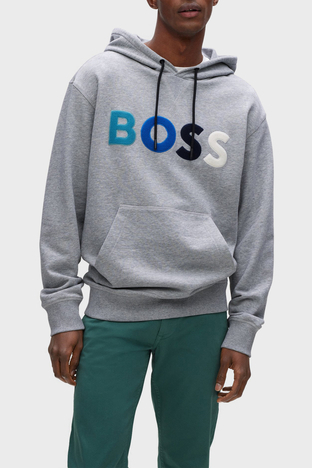Boss - Boss Polar Logolu Pamuklu Havlu Kumaştan Relaxed Fit Kapüşonlu Erkek Sweat 50477047 072 GRİ
