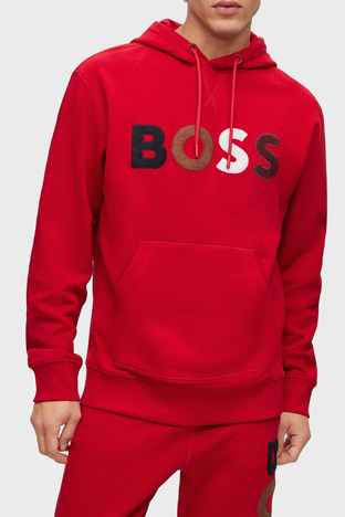Boss - Boss Polar Logolu Pamuklu Havlu Kumaştan Relaxed Fit Kapüşonlu Erkek Sweat 50477047 620 KIRMIZI