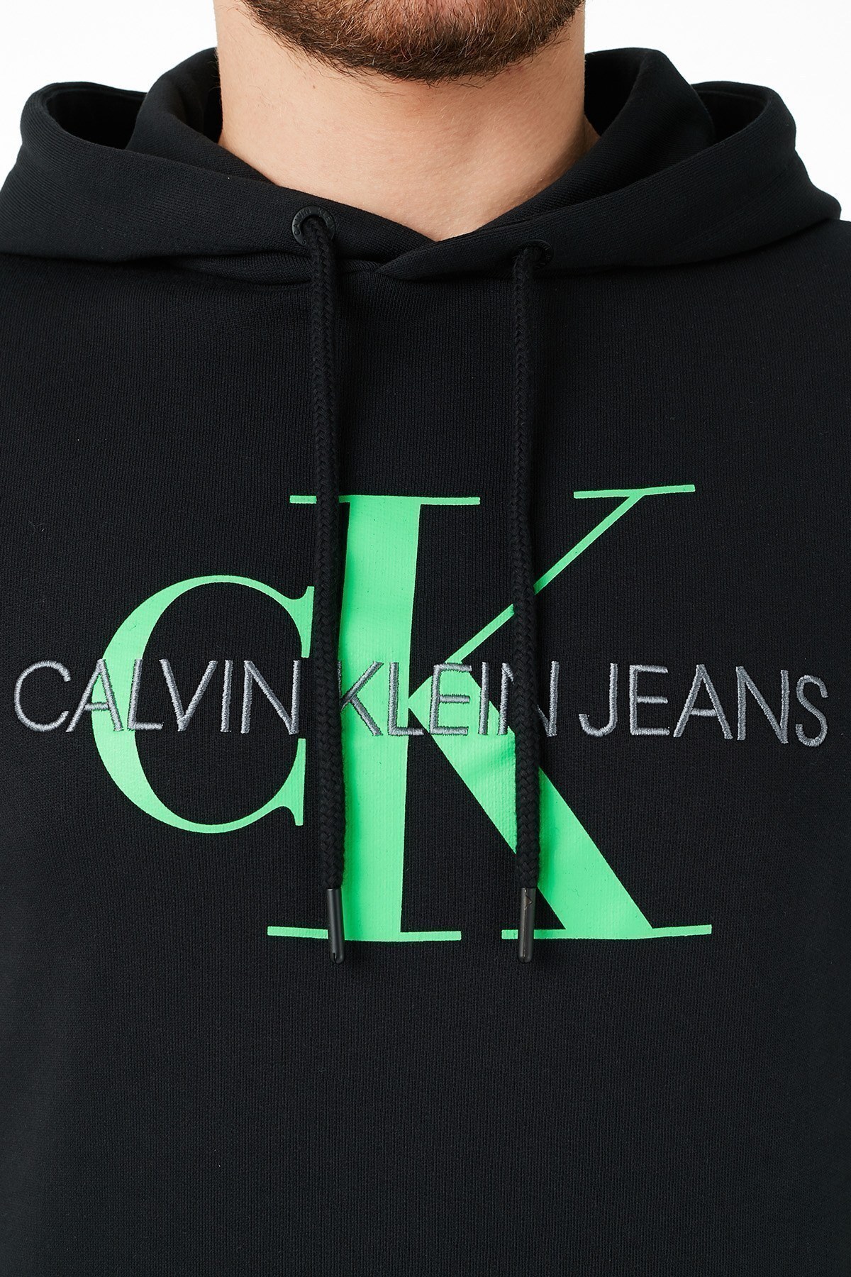 Calvin Klein Baskılı Kapüşonlu Kanguru Cepli % 100 Pamuk Erkek Sweat J30J314557 BEH SİYAH