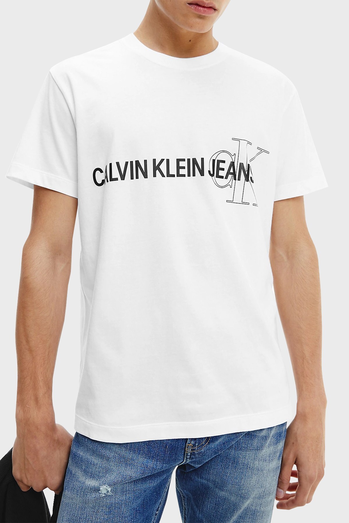 Calvin Klein Regular Fit Baskılı Bisiklet Yaka % 100 Pamuk Erkek T Shirt J30J318208 YAF BEYAZ