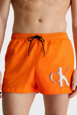 Calvin Klein - Calvin Klein Logolu Kısa Büzgülü Deniz Şortu Cepli KM0KM00801SE8 Erkek Mayo Short KM0KM00801 SE8 ORANGE