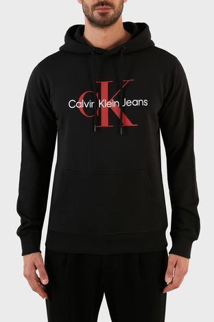 Calvin Klein - Calvin Klein Logolu Regular Fit Kapüşonlu Kanguru Cepli % 100 Pamuk Erkek Sweat J30J320805 0GM SİYAH