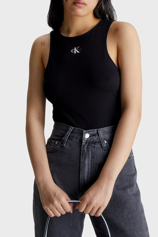 Calvin Klein - Calvin Klein Organik Pamuklu Streç Jarse Slim Fit Kolsuz J20J220765BEH Bayan T Shirt J20J220765 BEH SİYAH