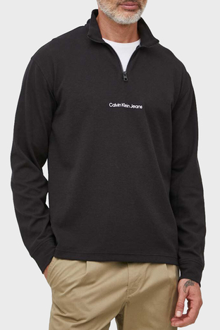 Calvin Klein - Calvin Klein Pamuklu Relaxed Fit Yarım Fermuarlı Dik Yaka J30J323493BEH Erkek Sweat J30J323493 BEH SİYAH