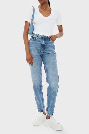 Calvin Klein - Calvin Klein Sert Pamuklu Yüksek Bel Mom Jeans J20J2236551A4 Bayan Kot Pantolon J20J223655 1A4 MAVİ (1)