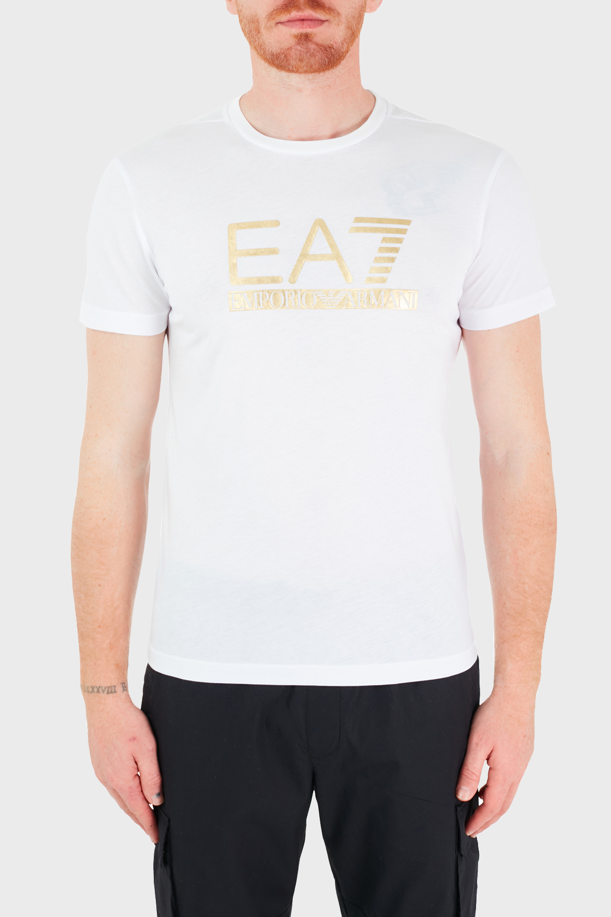EA7 Logo Baskılı Bisiklet Yaka % 100 Pamuk Erkek T Shirt 3KPT87 PJM9Z 1100 BEYAZ