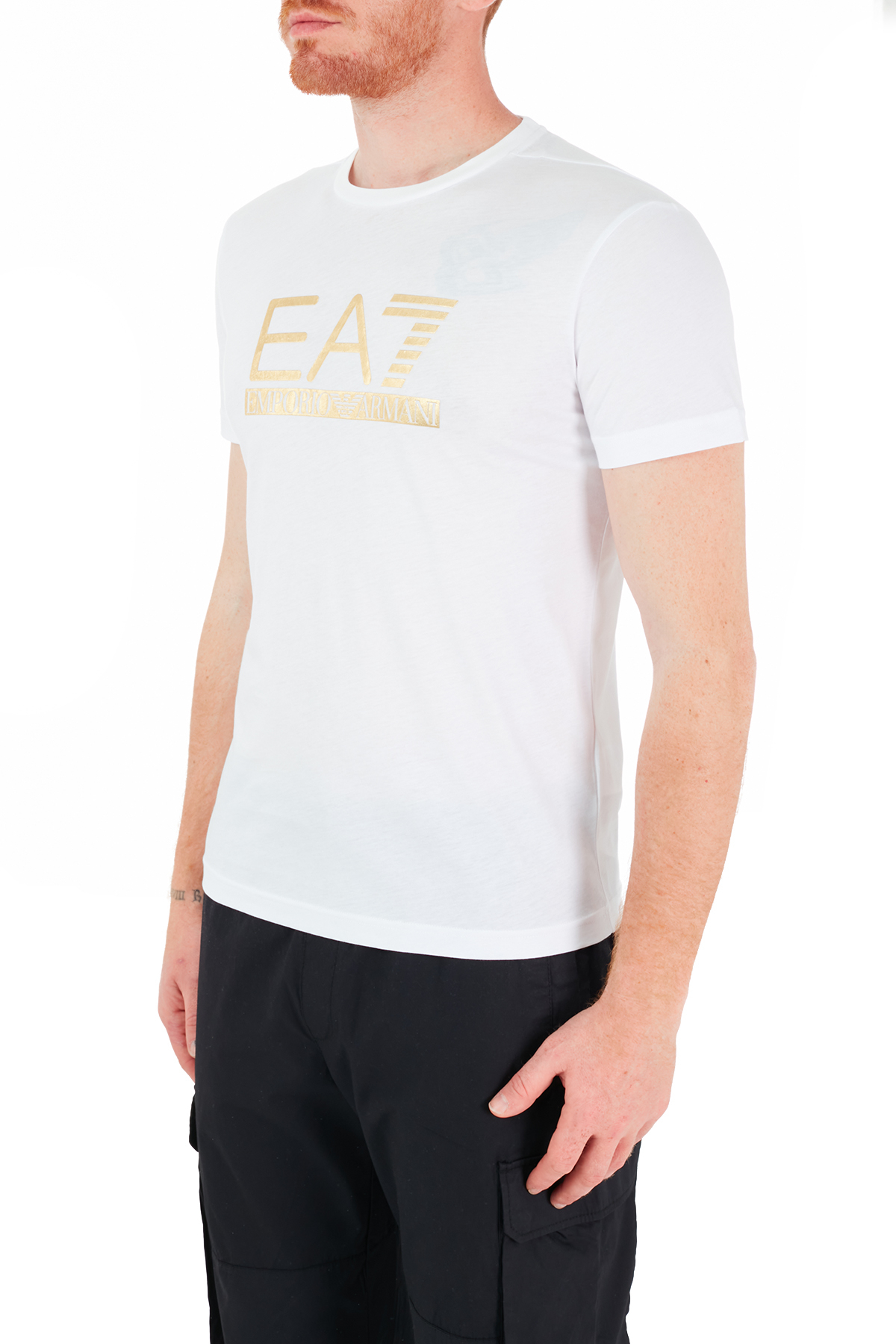 EA7 Logo Baskılı Bisiklet Yaka % 100 Pamuk Erkek T Shirt 3KPT87 PJM9Z 1100 BEYAZ
