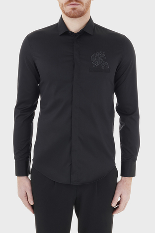 Emporio Armani - Emporio Armani Baskılı Düz Yaka Pamuklu Erkek Gömlek A1CC2P A140C 998 SİYAH