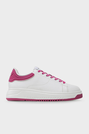Emporio Armani - Emporio Armani Logolu Deri Sneaker Bayan Ayakkabı X3X024 XN825 N862 Beyaz-Fuşya