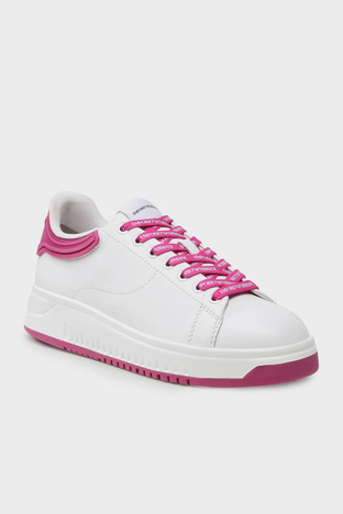 Emporio Armani - Emporio Armani Logolu Deri Sneaker Bayan Ayakkabı X3X024 XN825 N862 Beyaz-Fuşya (1)