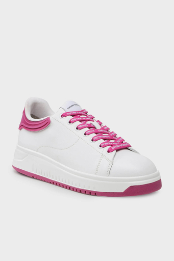 Emporio Armani Logolu Deri Sneaker Bayan Ayakkabı X3X024 XN825 N862 Beyaz-Fuşya