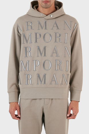 Emporio Armani - Emporio Armani Tamamı Logo Kabartmalı % 100 Pamuk Kapüşonlu Regular Fit Erkek Sweat 6R1MCR 1JWPZ 0643 BEJ