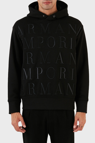 Emporio Armani - Emporio Armani Tamamı Logo Kabartmalı % 100 Pamuk Kapüşonlu Regular Fit Erkek Sweat 6R1MCR 1JWPZ 0999 SİYAH