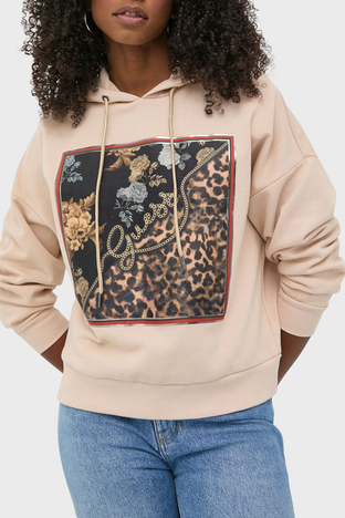 Guess - Guess Baskılı Kapüşonlu Regular Fit Pamuklu Zenovia Bayan Sweat W2BQ10K9YH1 G133 BEJ