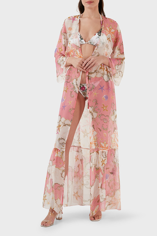Guess - Guess İpek Karışımlı Desenli Bağlama Detaylı Kimono Uzun Bayan Pareo E3GK09WE550 P63W BEYAZ-PEMBE (1)