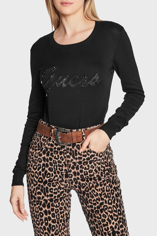 Guess - Guess Liliane Taşlı Logo Detaylı Bisiklet Yaka Slim Fit Triko Bayan Kazak W2BR51Z2NQ2 JBLK SİYAH