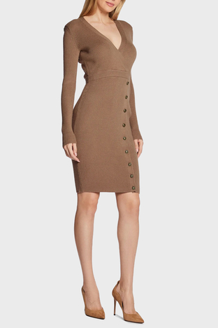 Guess - Guess Önden Düğme Kapamalı V Yaka Regular Fit Alexandra Triko Bayan Elbise W2BK39Z2V42 G1FL AÇIK KAHVE