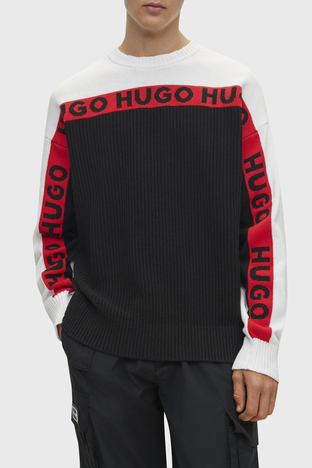 Hugo - Hugo Logo Şeritli Bisiklet Yaka Pamuklu Relaxed Fit Erkek Kazak 50499995 001 SİYAH