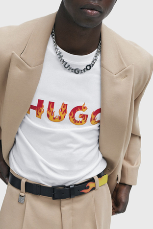 Hugo - Hugo Logolu Bisiklet Yaka Regular Fit Pamuklu Jarse Erkek T Shirt 50504542 100 BEYAZ (1)