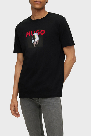 Hugo - Hugo Pamuklu Jarse Regular Fit Bisiklet Yaka Erkek T Shirt 50473165 001 SİYAH