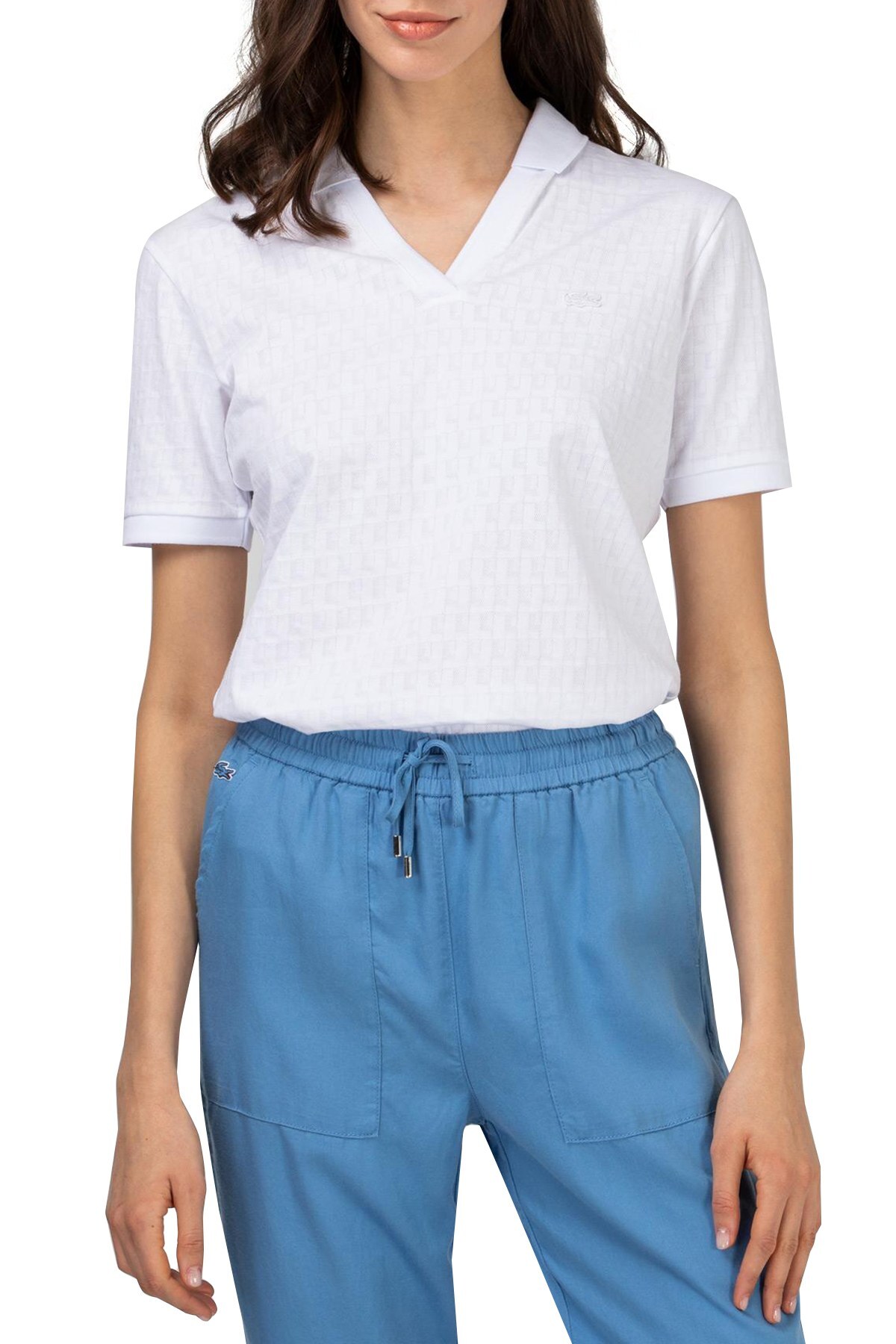 Lacoste Slim Fit Desenli T Shirt Bayan Polo PF0110 10B BEYAZ