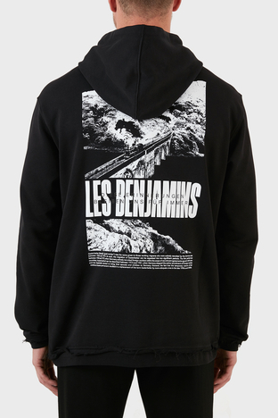 Les Benjamins - Les Benjamins Logolu Sırt Baskılı Kanguru Cepli Kapüşonlu Relaxed Fit Erkek Sweat LB22FWGASMUHD-008 SİYAH