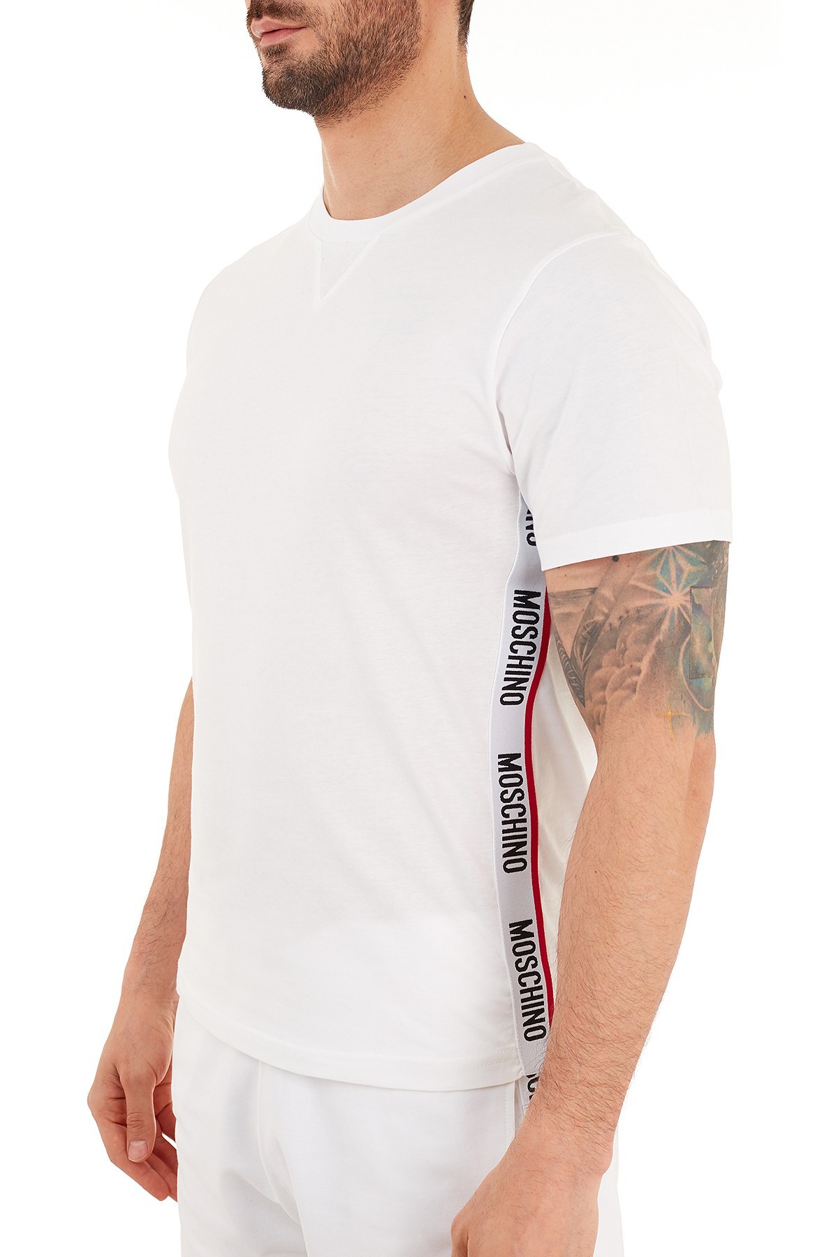 Moschino Logo Bantlı Bisiklet Yaka % 100 Pamuk Erkek T Shirt A1913 8108 0001 BEYAZ