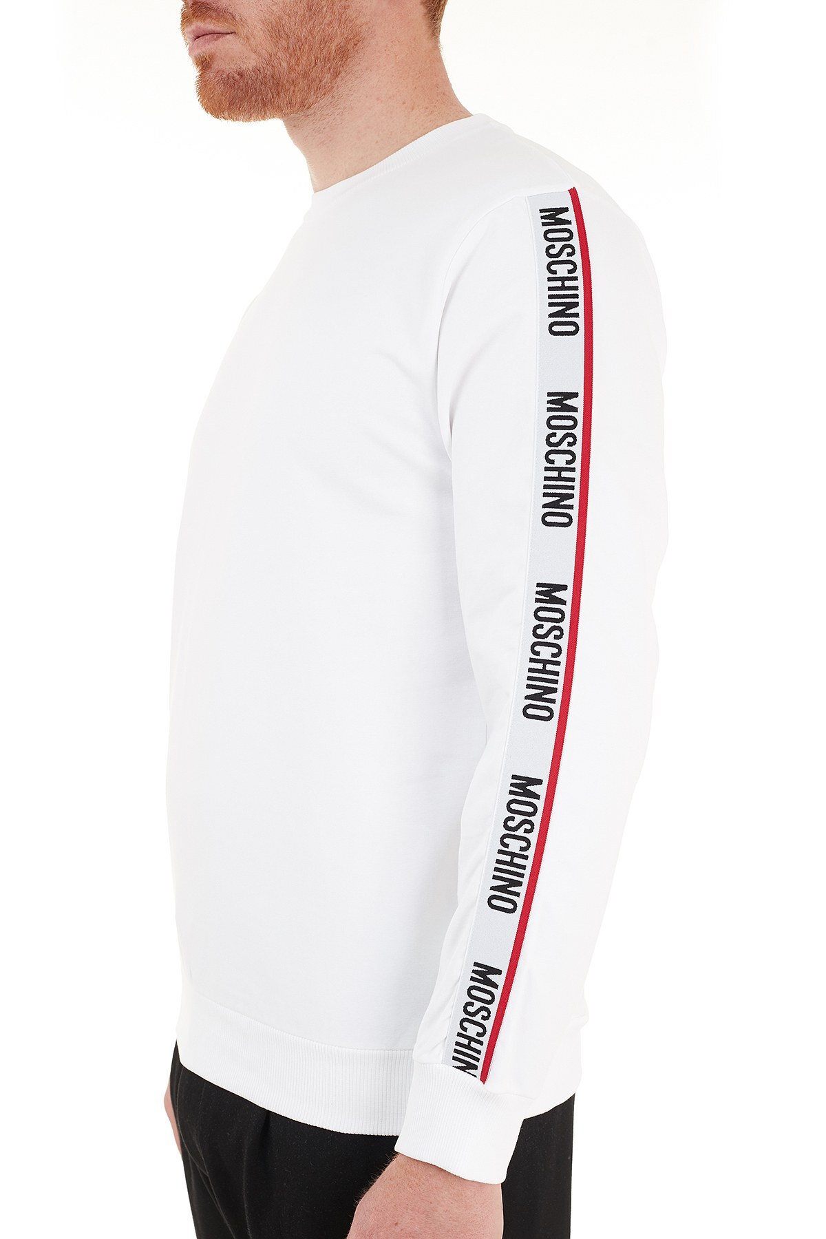 Moschino Regular Fit Logo Bantlı Bisiklet Yaka Pamuklu Erkek Sweat A1706 8106 0001 BEYAZ
