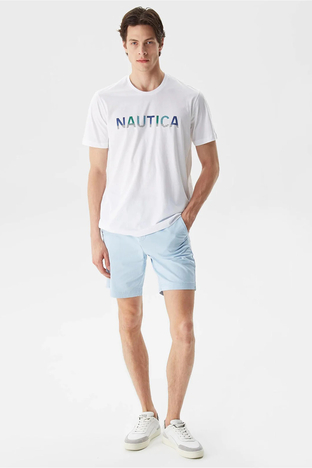 Nautica - Nautica % 100 Pamuk Marka Baskılı Bisiklet Yaka Standart Fit Erkek T Shirt V35506T 1BW BEYAZ (1)