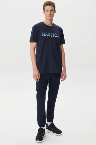 Nautica - Nautica % 100 Pamuk Marka Baskılı Bisiklet Yaka Standart Fit Erkek T Shirt V35506T 4NV LACİVERT (1)