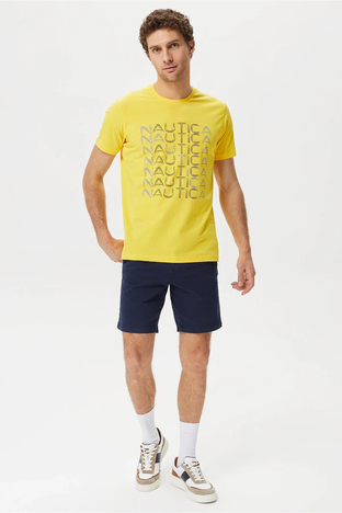 Nautica - Nautica % 100 Pamuk Marka Baskılı Bisiklet Yaka Standart Fit Erkek T Shirt V35528T 70E SARI (1)