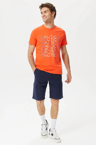 Nautica - Nautica % 100 Pamuk Marka Baskılı Bisiklet Yaka Standart Fit Erkek T Shirt V35528T 8TR TURUNCU (1)