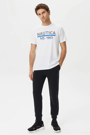 Nautica % 100 Pamuk Marka Baskılı Bisiklet Yaka Standart Fit Erkek T Shirt V35532T 1BW BEYAZ