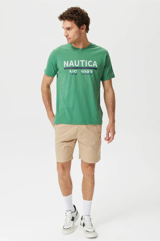 Nautica - Nautica % 100 Pamuk Marka Baskılı Bisiklet Yaka Standart Fit Erkek T Shirt V35532T 3FY YEŞİL (1)