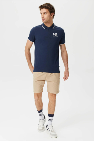 Nautica - Nautica Pamuklu Logo Baskılı Çizgi Detaylı Slim Fit Erkek Polo T Shirt K35427T 4NV LACİVERT (1)