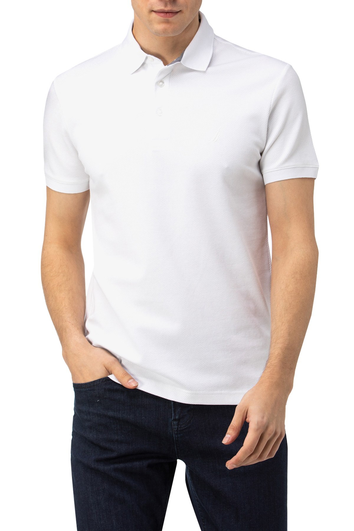 Nautica Slim Fit Pamuklu Düğmeli T Shirt Erkek Polo K15652T 1BW BEYAZ