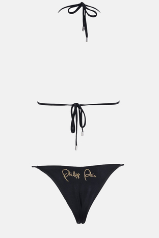 Philipp Plein - Philipp Plein İpli Bağlamalı Taş Süslemeli Logolu Bayan Bikini CDPPT1099 SİYAH (1)