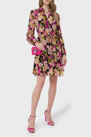Pinko - Pinko Çiçek Baskılı Fırfırlı İpli Bağlamalı Düğmeli Kapatmalı Regular Fit Bayan Elbise 101493 A155 ZY5 Pembe-Sarı (1)