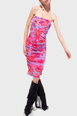 Pinko - Pinko Çiçek Desenli Drapeli İnce Askılı Mini Bayan Elbise 101129 A0PL YNB PEMBE (1)