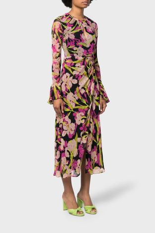 Pinko - Pinko Çiçek Desenli Fırfırlı Yırtmaçlı Dekolteli Regular Fit Bayan Elbise 101834 A154 ZY5 Pembe-Siyah-Sarı (1)