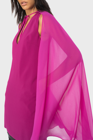 Pinko - Pinko Çıkarılabilir Jorjet Pelerinli Streç Krep Kumaş Sıfır Kol Mini Bayan Elbise 101815 A160 VIB FUŞYA (1)