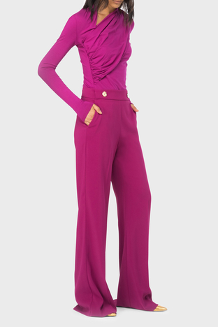 Pinko - Pinko Slim Fit Fermuar ve Düğme Detaylı Yüksek Bel Bol Paça Bayan Pantolon 100055 A14I VIB FUŞYA (1)