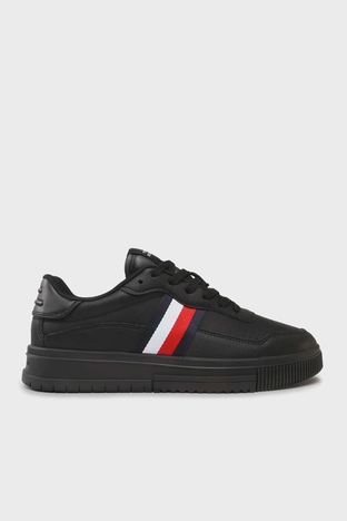 Tommy Hilfiger - Tommy Hilfiger Hakiki Deri Logolu Şerit Detaylı Sneaker Erkek Ayakkabı FM0FM04824 0GQ SİYAH