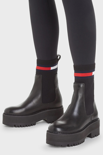 Tommy Jeans Hakiki Deri Logo Şeritli Chelsea Çorap Bayan Çizme EN0EN02301 BDS SİYAH